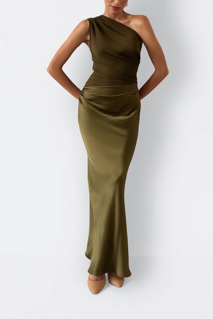 Women's Satin One-Shoulder Evening Gown – Asymmetric, Floor Length, Formal