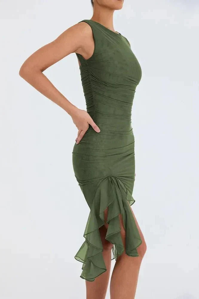 Women Ruched Sleeveless Midi Wedding Guest Dress