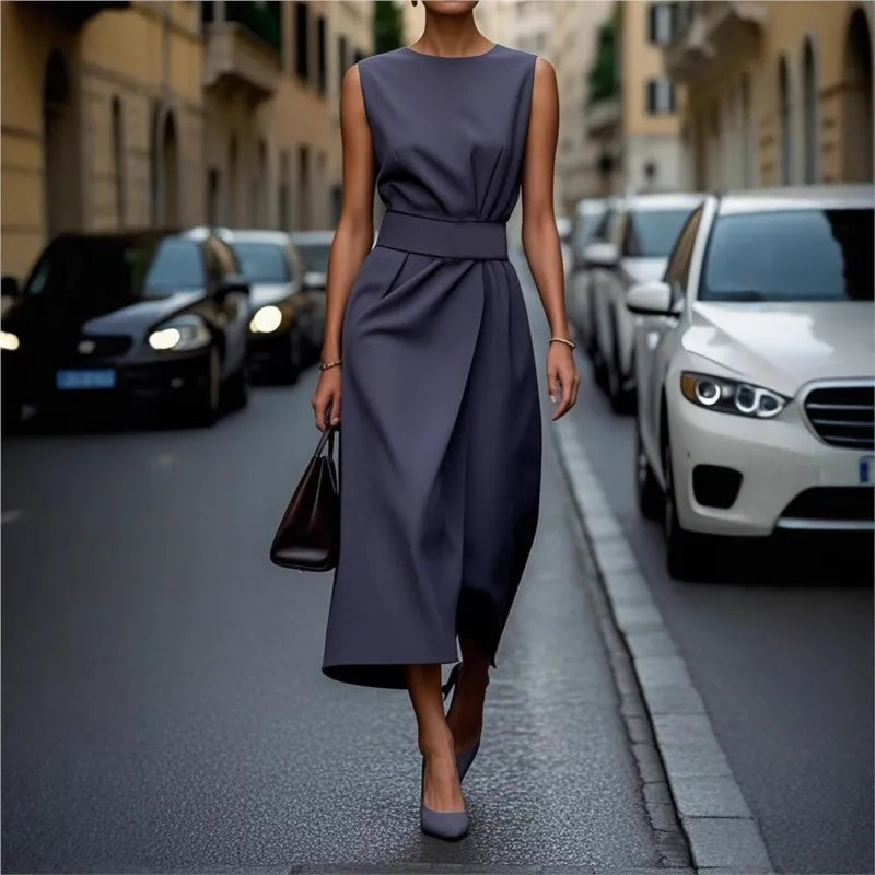 Women's Sleeveless Round Neck Midi Dress – Pleated Waist, Side Slit, Elegant