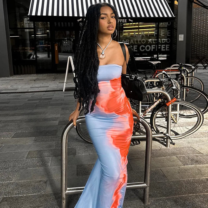 Women Strapless Printed Maxi Beach Dress