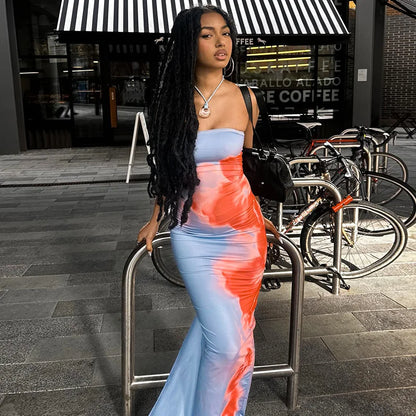 Women Strapless Printed Maxi Beach Dress