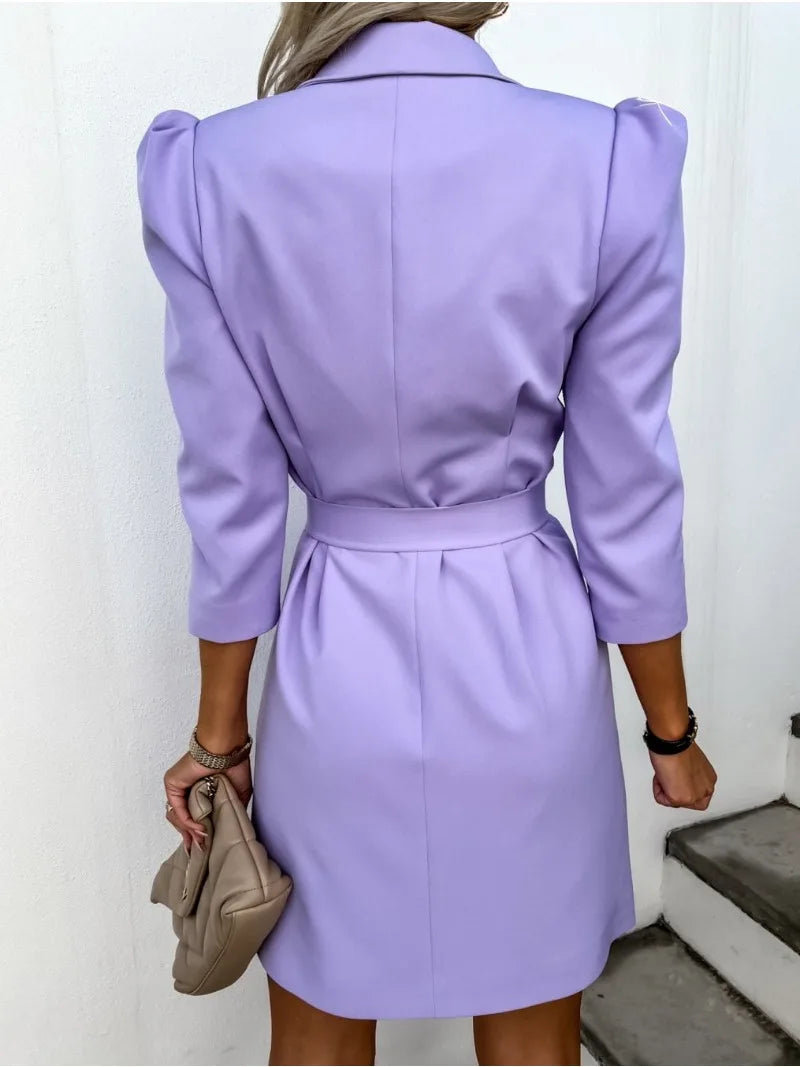 Women's Printed Collar Midi Dress – Double Breasted, Belted, Tailored Fit