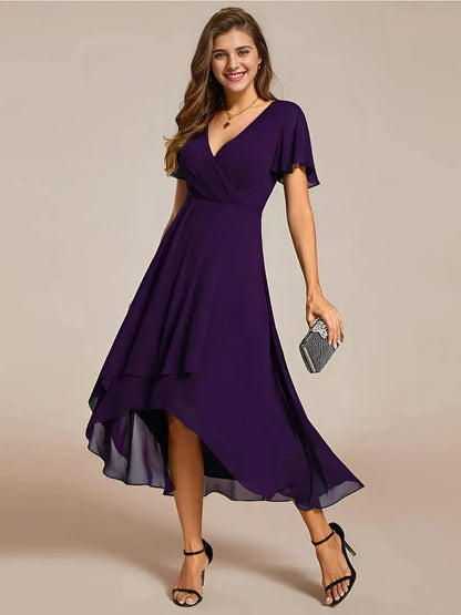 Women's Elegant Flowing A-Line Dress – V-Neck, Flutter Sleeve, Midi Length