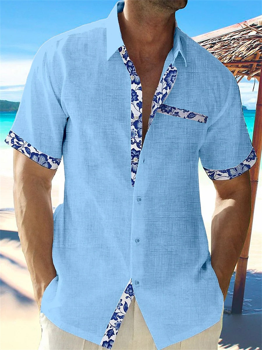 Stylish Linen Shirt with Floral Trim for Men