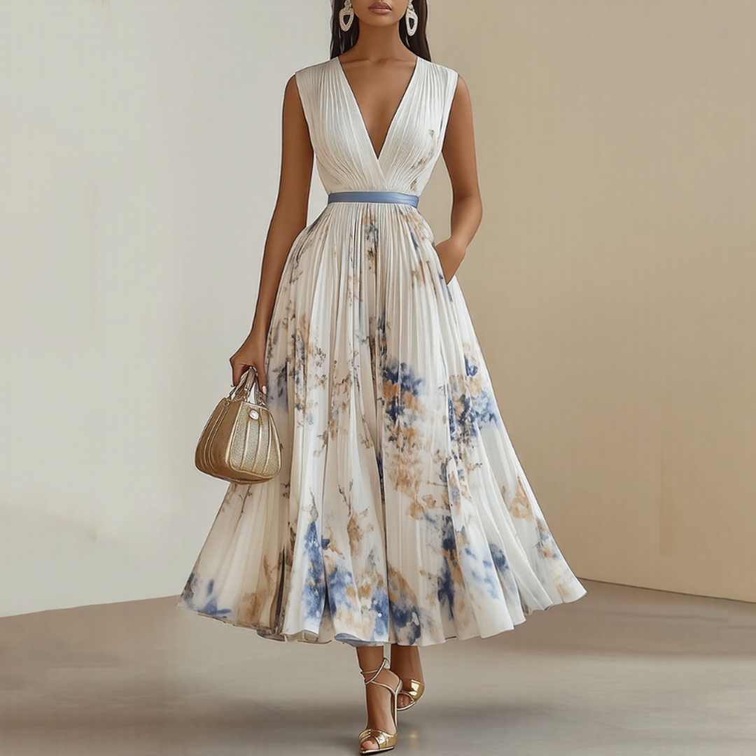 Women's Floral Pleated Maxi Dress – V-Neck, Ribbon Waist, Long Sleeve Style