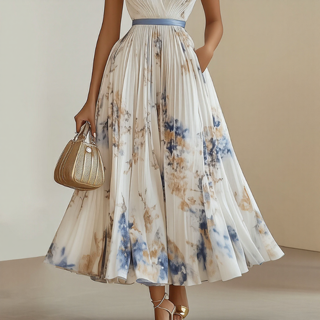 Women's Floral Pleated Maxi Dress – V-Neck, Ribbon Waist, Long Sleeve Style