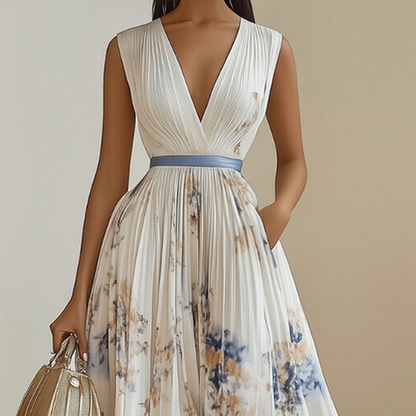 Women's Floral Pleated Maxi Dress – V-Neck, Ribbon Waist, Long Sleeve Style