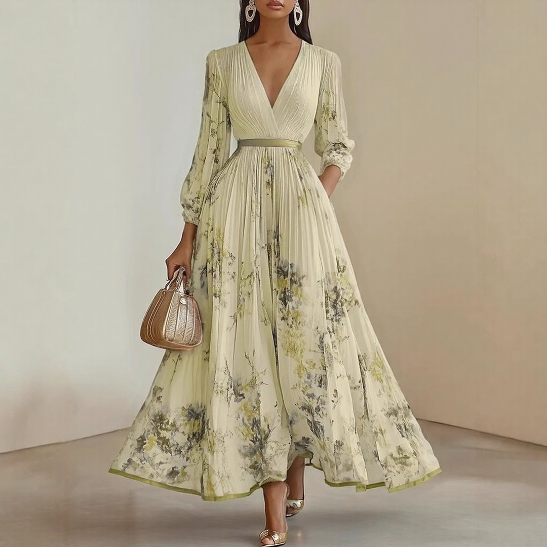 Women's Floral Pleated Maxi Dress – V-Neck, Ribbon Waist, Long Sleeve Style