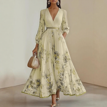 Women's Floral Pleated Maxi Dress – V-Neck, Ribbon Waist, Long Sleeve Style