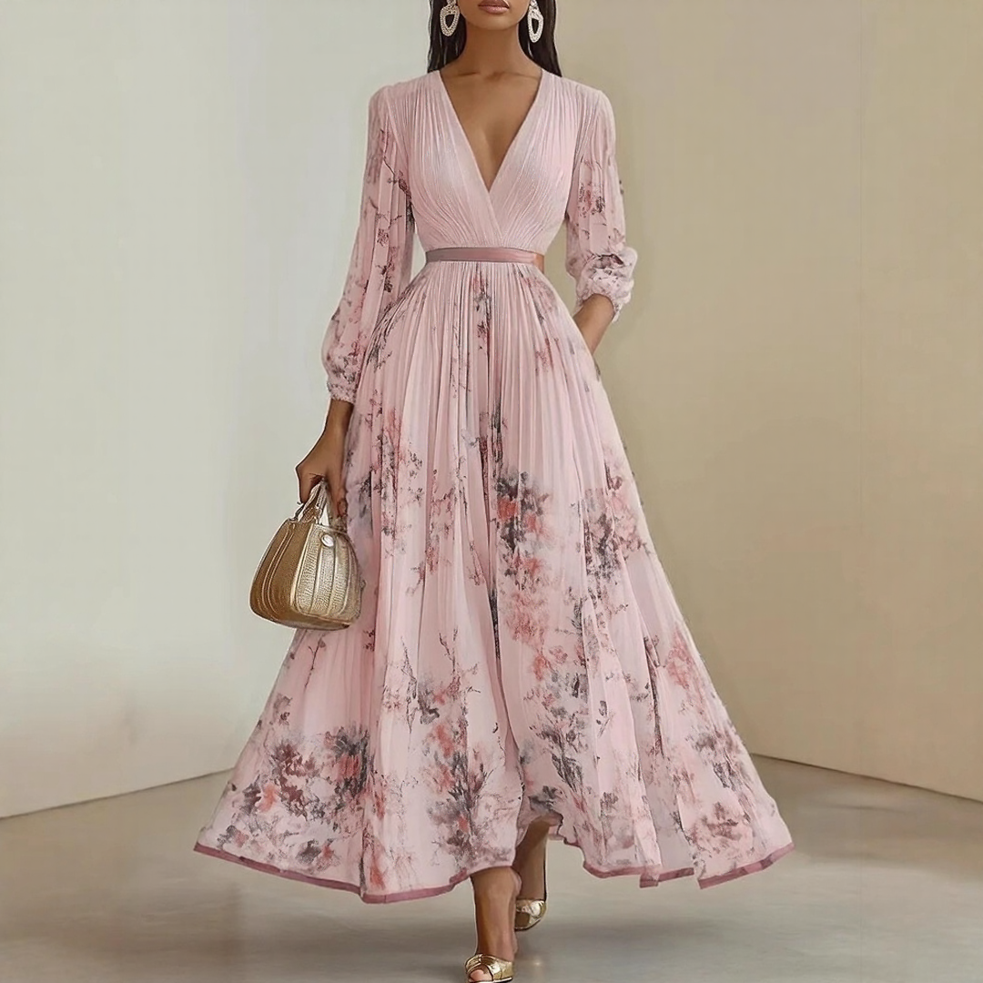Women's Floral Pleated Maxi Dress – V-Neck, Ribbon Waist, Long Sleeve Style