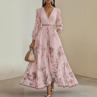 Women's Floral Pleated Maxi Dress – V-Neck, Ribbon Waist, Long Sleeve Style