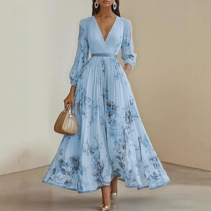 Women's Floral Pleated Maxi Dress – V-Neck, Ribbon Waist, Long Sleeve Style