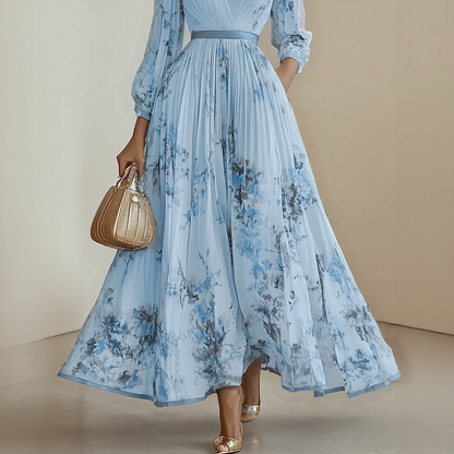 Women's Floral Pleated Maxi Dress – V-Neck, Ribbon Waist, Long Sleeve Style