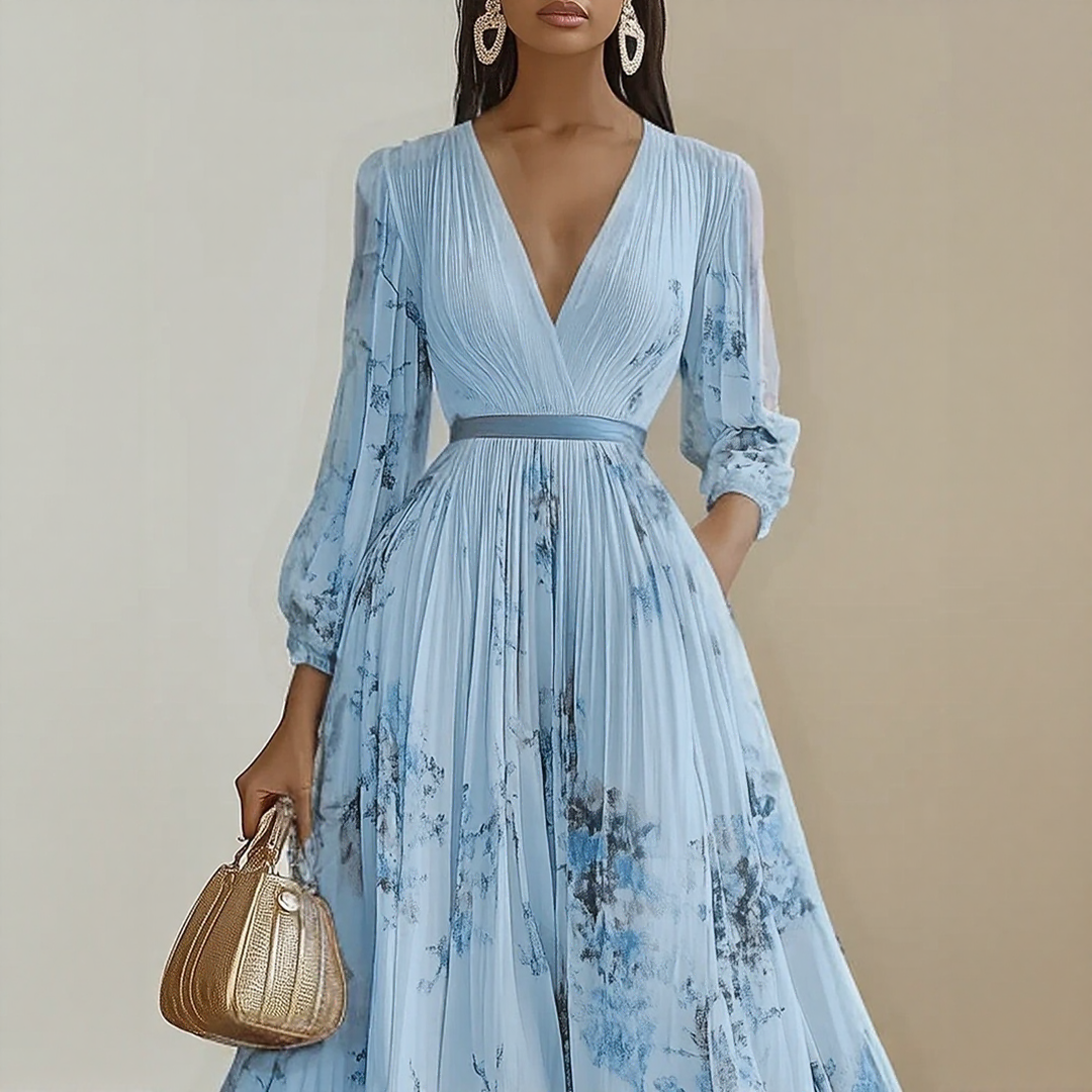 Women's Floral Pleated Maxi Dress – V-Neck, Ribbon Waist, Long Sleeve Style