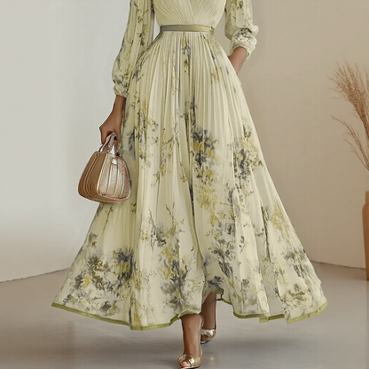 Women's Floral Pleated Maxi Dress – V-Neck, Ribbon Waist, Long Sleeve Style