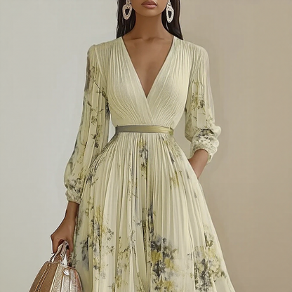 Women's Floral Pleated Maxi Dress – V-Neck, Ribbon Waist, Long Sleeve Style