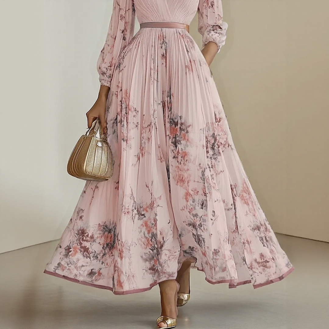Women's Floral Pleated Maxi Dress – V-Neck, Ribbon Waist, Long Sleeve Style