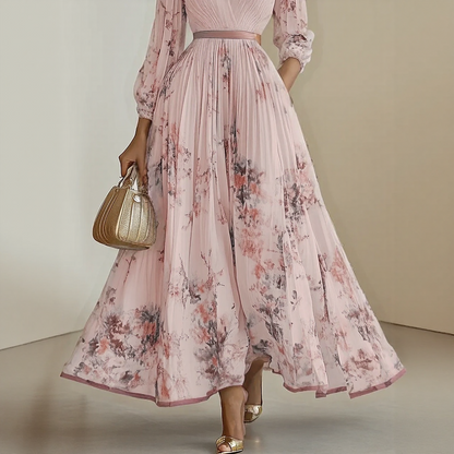 Women's Floral Pleated Maxi Dress – V-Neck, Ribbon Waist, Long Sleeve Style