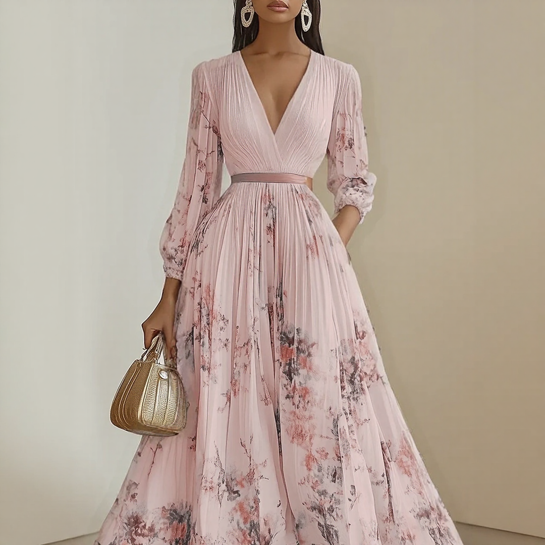 Women's Floral Pleated Maxi Dress – V-Neck, Ribbon Waist, Long Sleeve Style