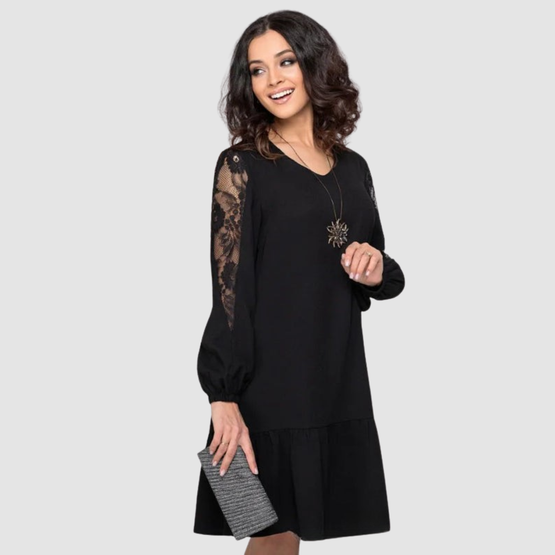 Women's Floral Lace Sleeve Midi Dress – Shift Style, Sheer Panel, Elegant