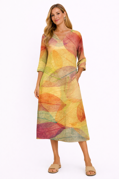 Women Printed V Neck Midi Dress
