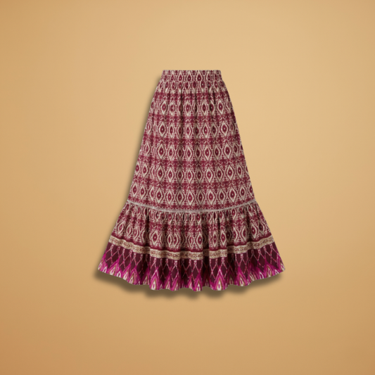 Women Bohemian Maxi Skirt with Tiered Layers and Vibrant Patterns