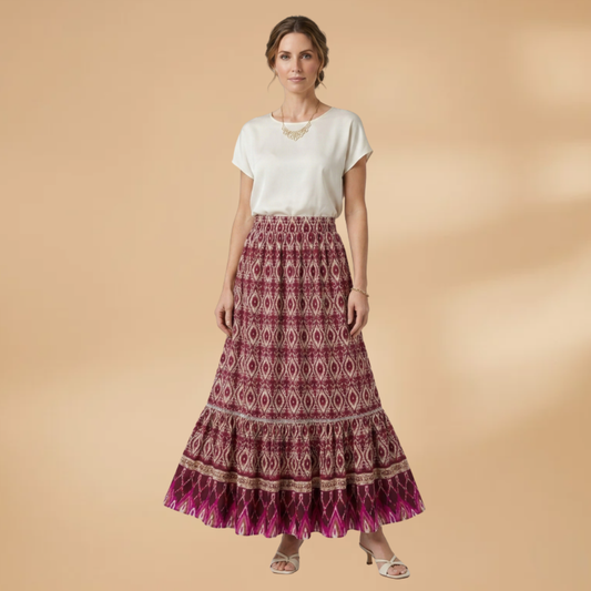 Women Bohemian Maxi Skirt with Tiered Layers and Vibrant Patterns