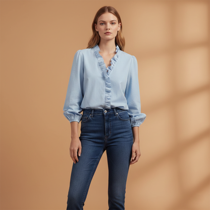 Women’s Blouse with Ruffles V-Neck and Long Sleeves