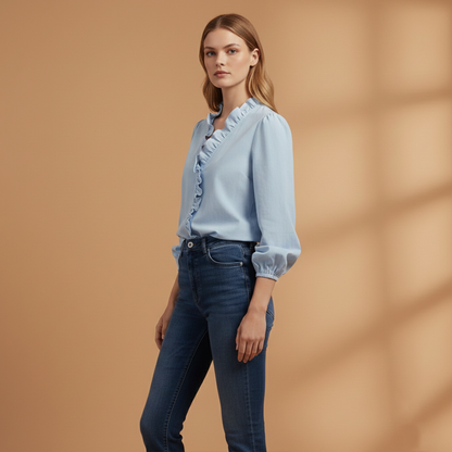 Women’s Blouse with Ruffles V-Neck and Long Sleeves