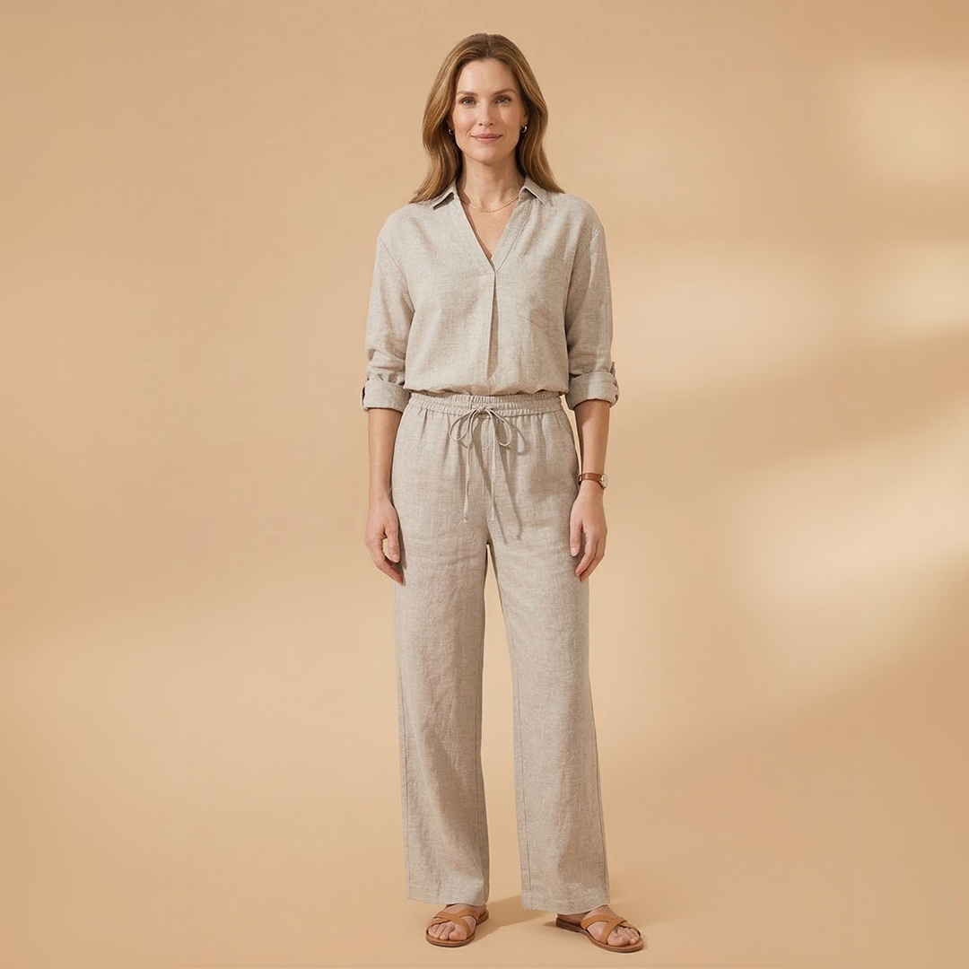 Women’s Co‑Ord Set with V‑Neck and Waist Tie