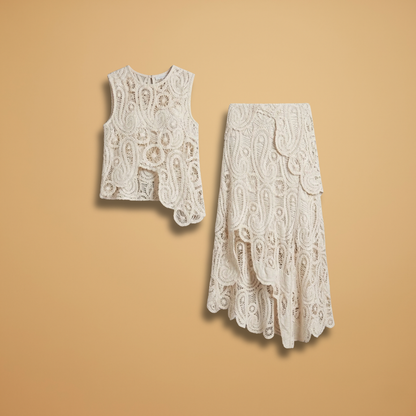 Women's Crochet Sleeveless Tank and Skirt Set with Side Slits and Boat Neck