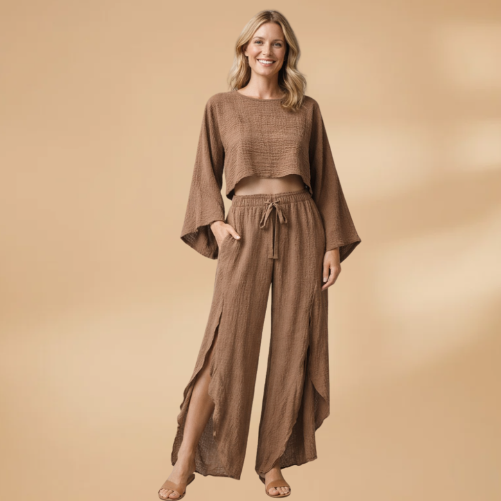 Women's Loungewear Set with Front Tie and Side Slits