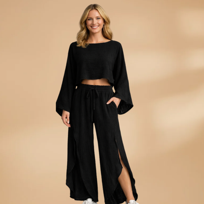 Women's Loungewear Set with Front Tie and Side Slits