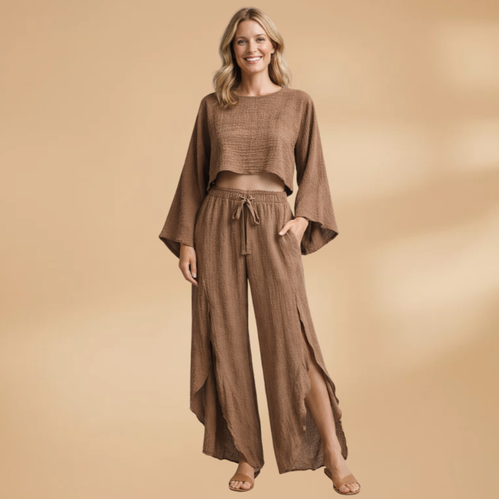Women's Loungewear Set with Front Tie and Side Slits