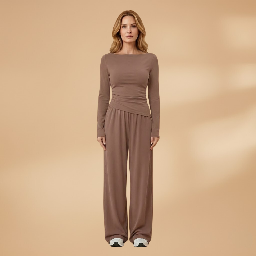 Women's Elegant Trousers Set with Relaxed Fit and Plain Surface