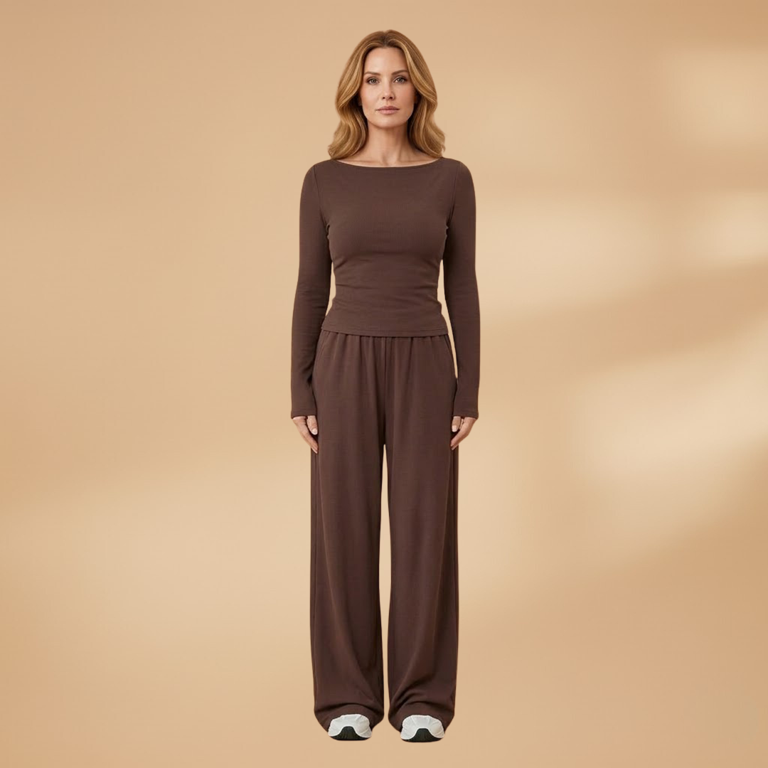 Women's Elegant Trousers Set with Relaxed Fit and Plain Surface