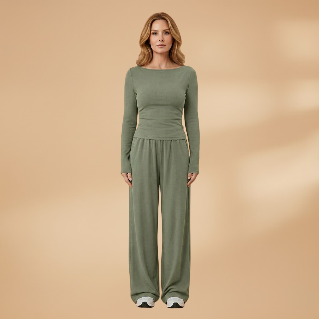 Women's Elegant Trousers Set with Relaxed Fit and Plain Surface