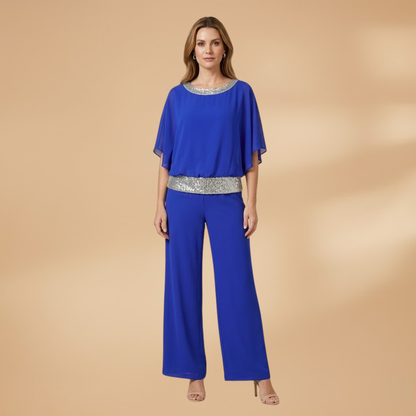 Women's Elegant Two-Piece Set with Embellished Top and Wide-Leg Trousers