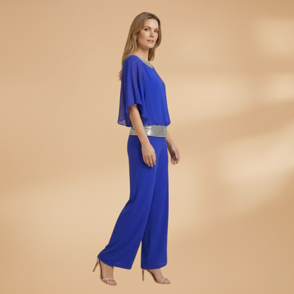 Women's Elegant Two-Piece Set with Embellished Top and Wide-Leg Trousers