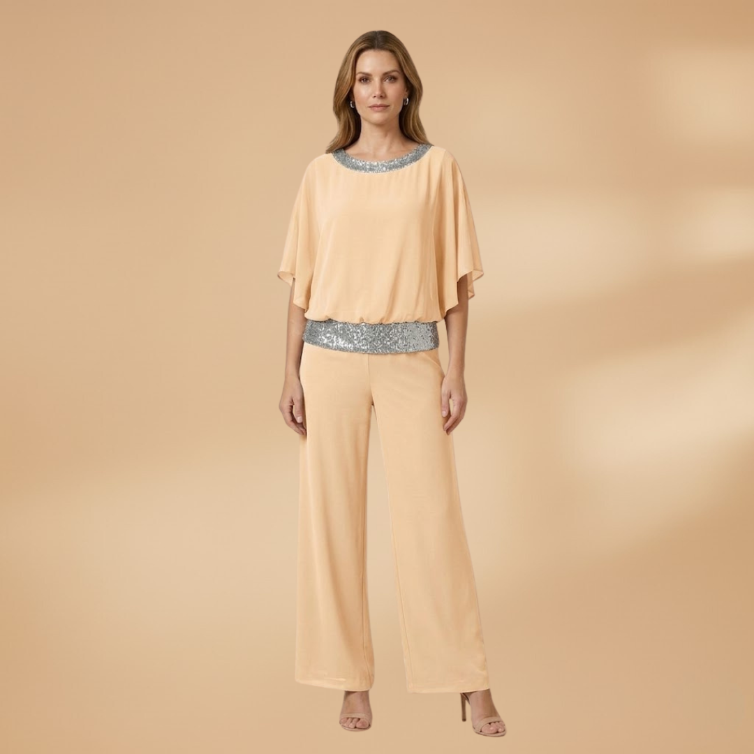 Women's Elegant Two-Piece Set with Embellished Top and Wide-Leg Trousers