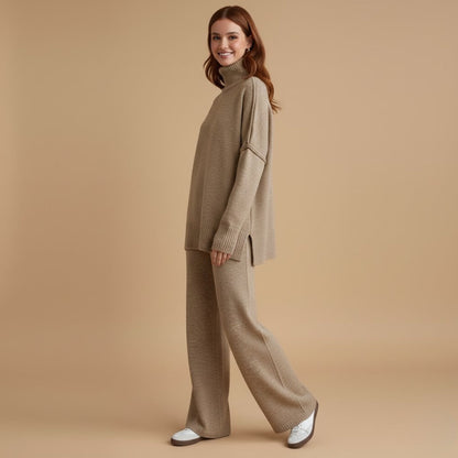 Women’s Knit Set with Turtleneck and Wide Trousers