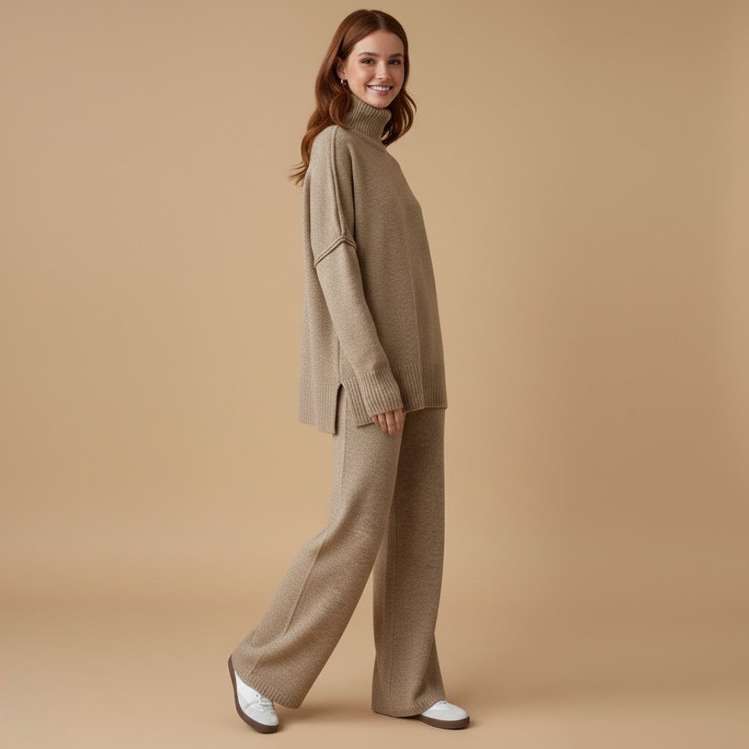 Women’s Knit Set with Turtleneck and Wide Trousers