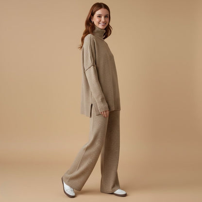 Women’s Knit Set with Turtleneck and Wide Trousers