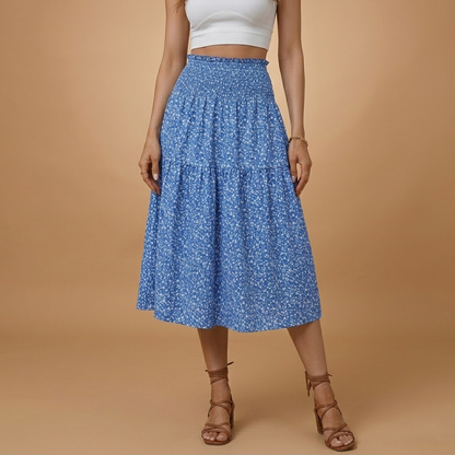 Women’s Long Skirt with Floral Print and Elastic Waistband