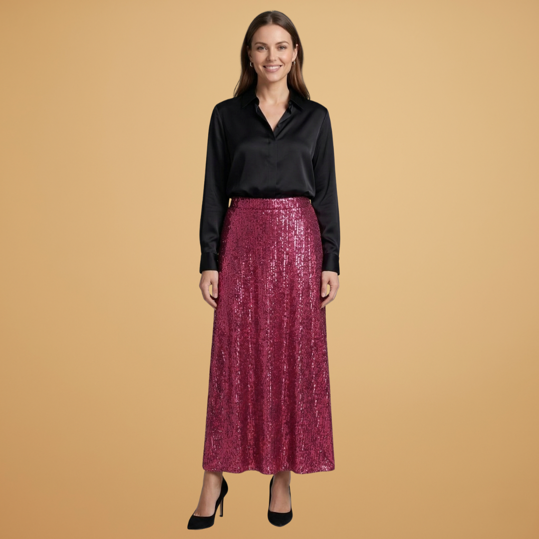 Women’s Long Skirt with High Waist and Glitter Effect