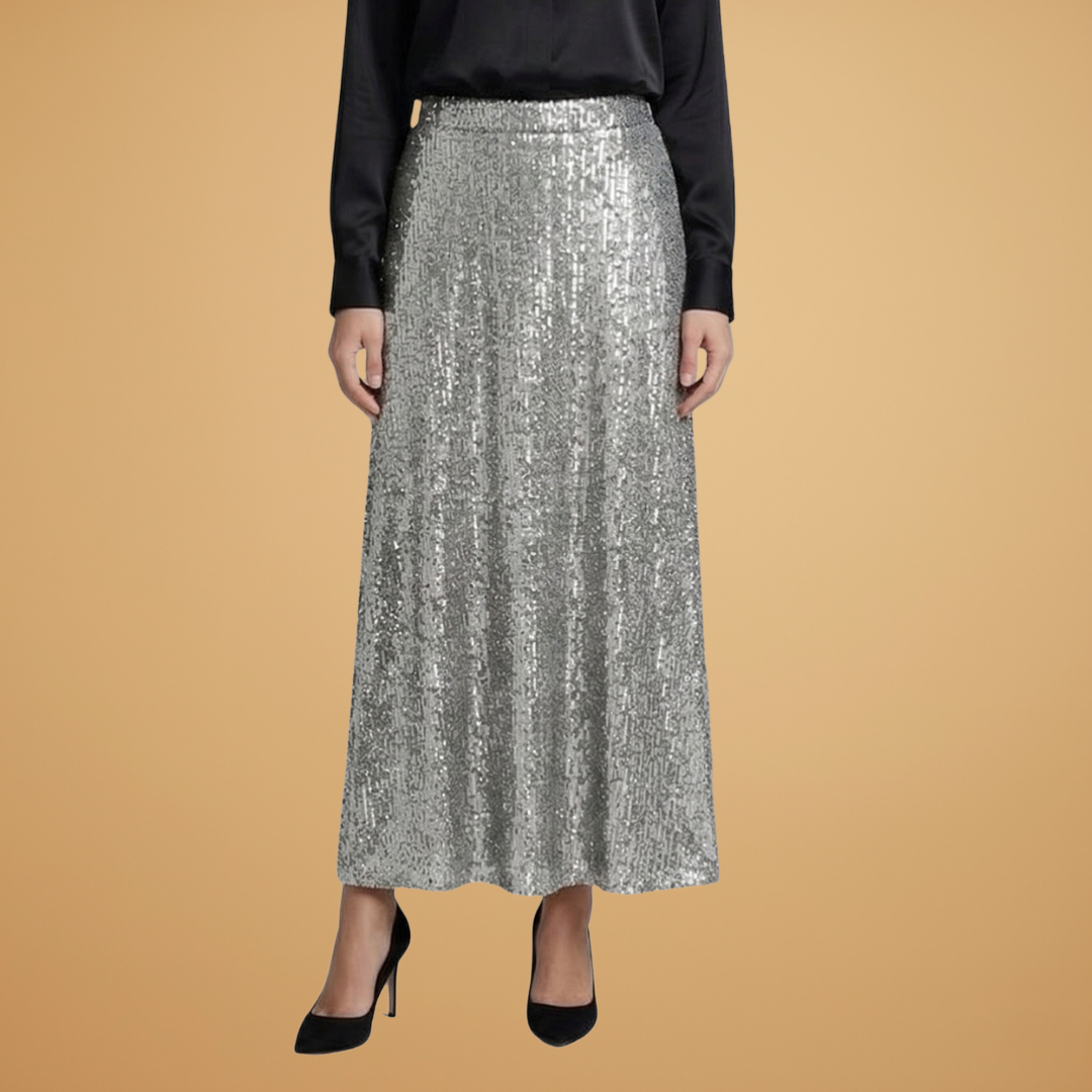 Women’s Long Skirt with High Waist and Glitter Effect