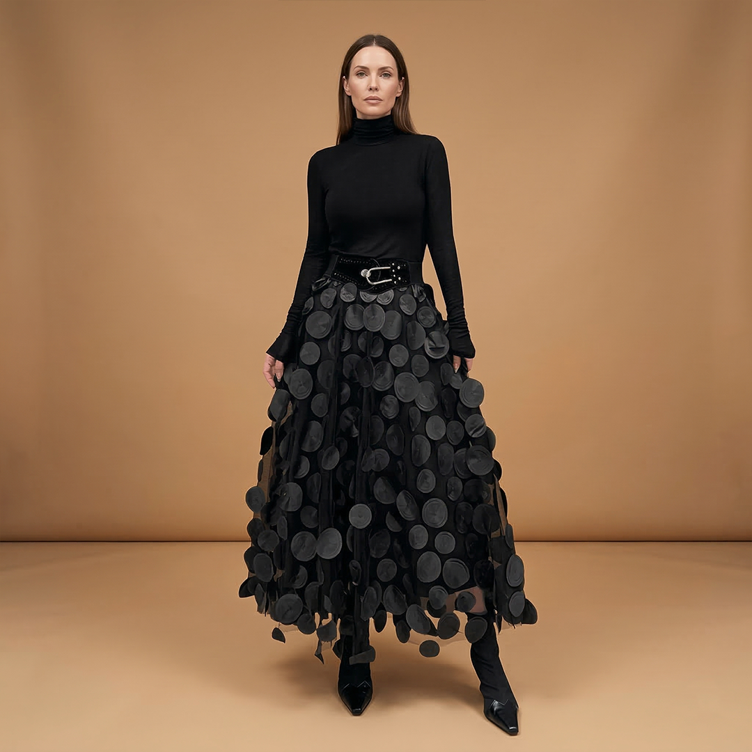 Women's Maxi Skirt with Polka Dot Print and Tulle