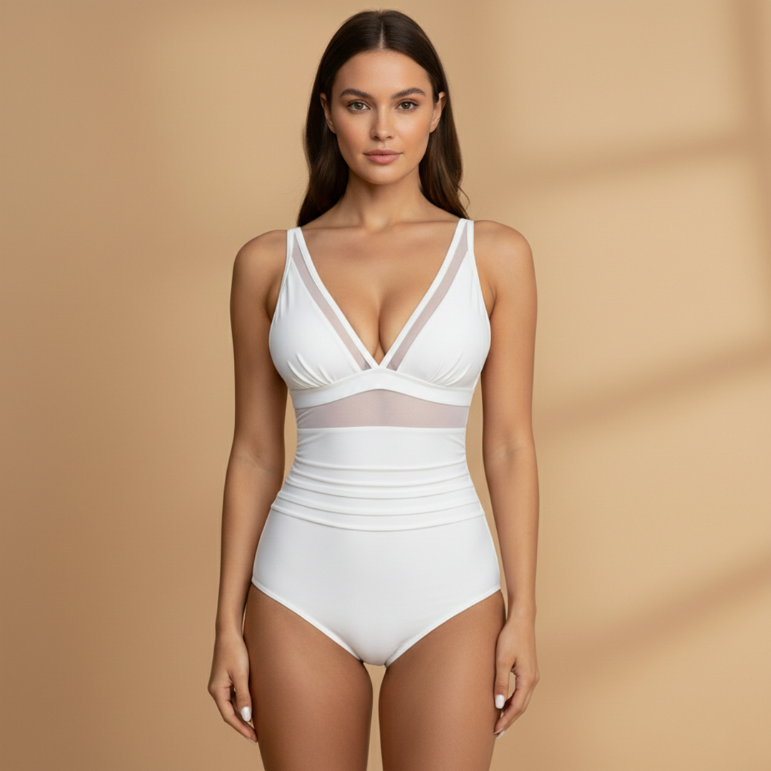 Women's One-Piece Swimsuit with Mesh Detail and High Waist
