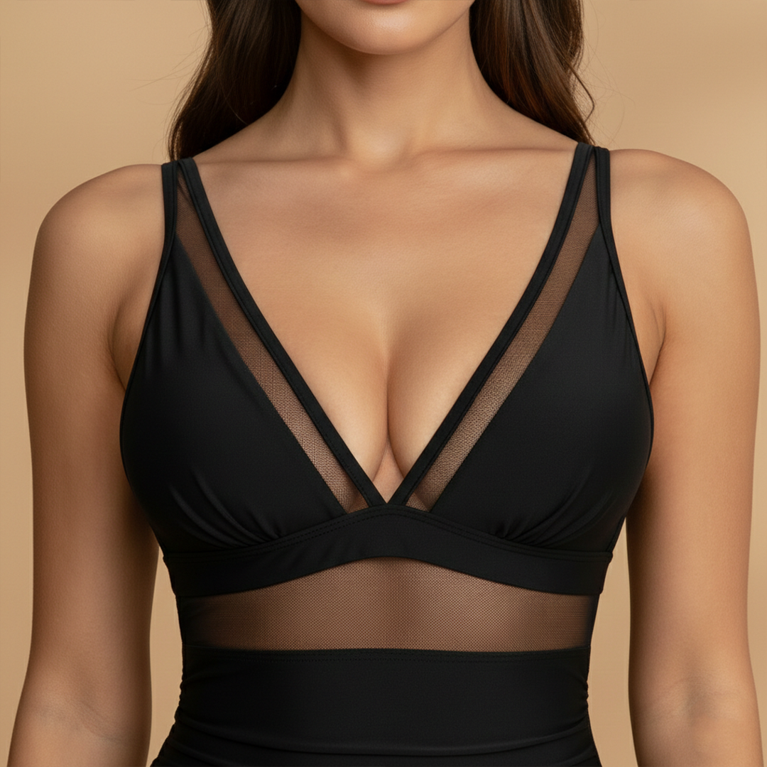 Women's One-Piece Swimsuit with Mesh Detail and High Waist