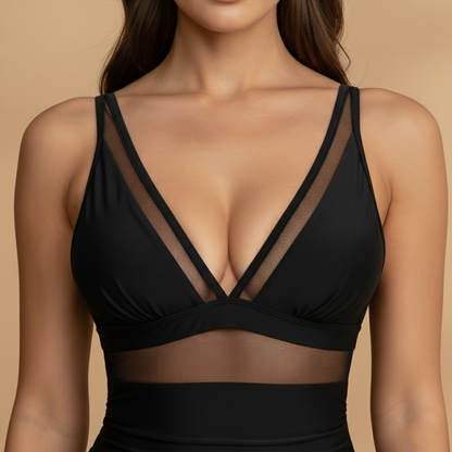 Women's One-Piece Swimsuit with Mesh Detail and High Waist